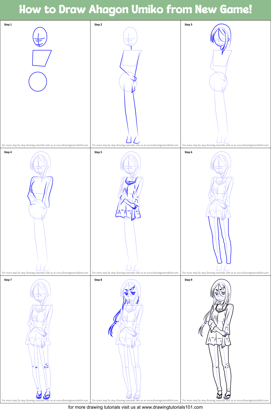 How to Draw Ahagon Umiko from New Game! Printable Step by Step