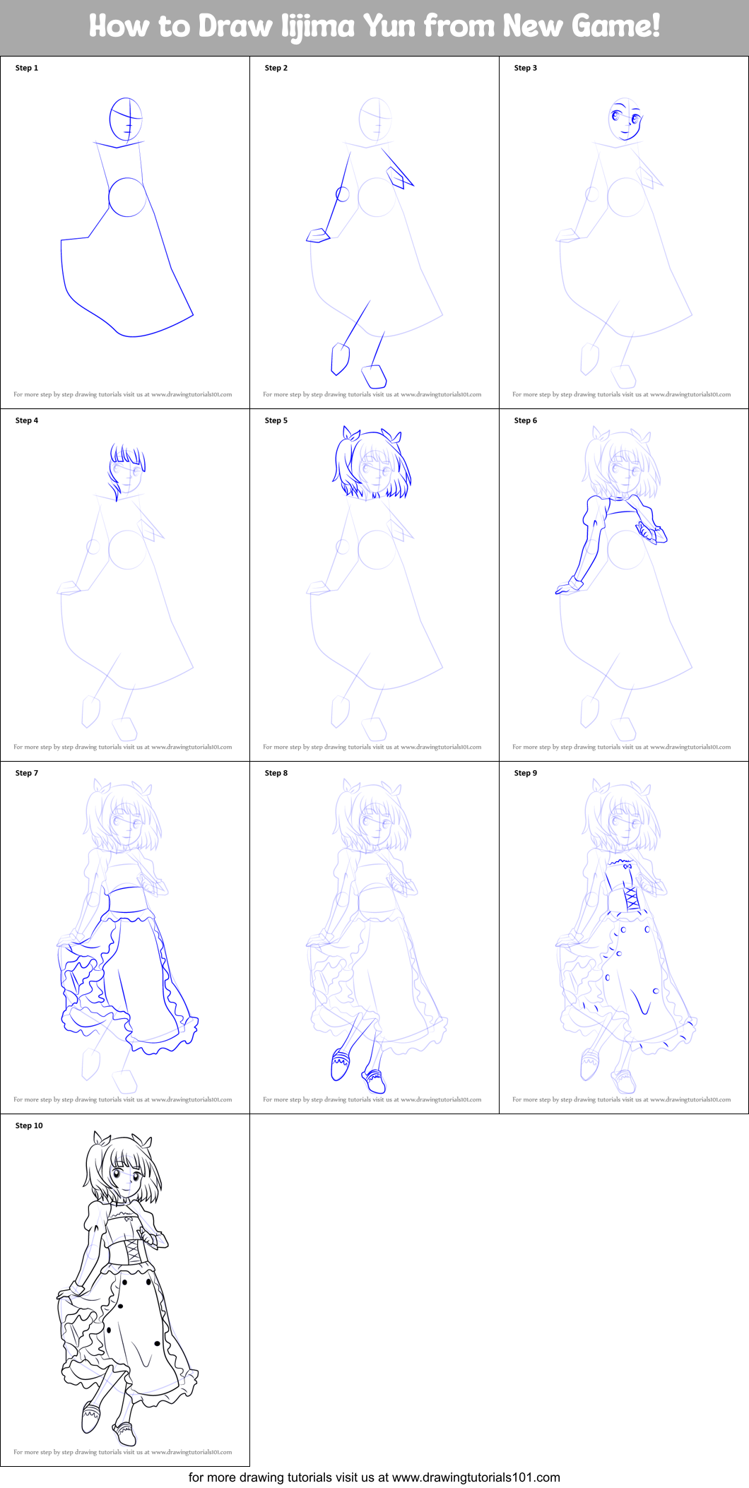 How to Draw Iijima Yun from New Game! Printable Step by Step