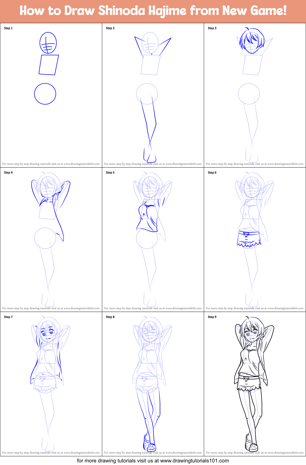 How to Draw Shinoda Hajime from New Game! Printable Step by Step