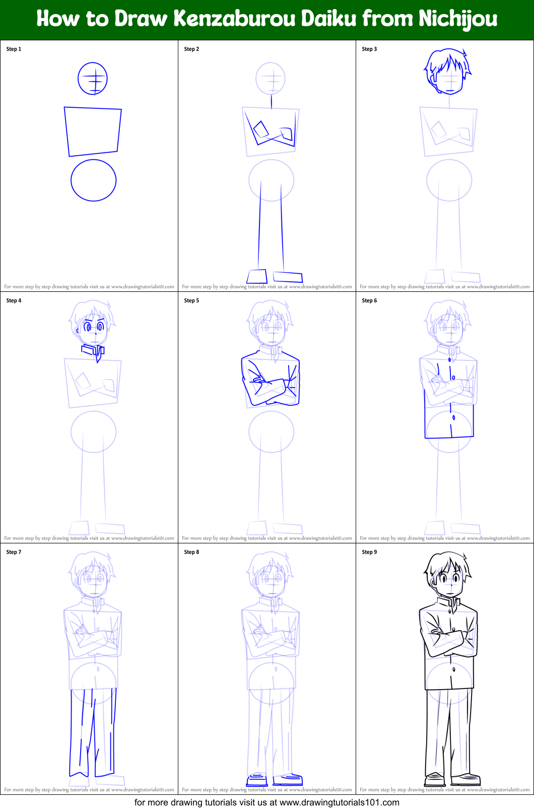How to Draw Kenzaburou Daiku from Nichijou Printable Step by Step
