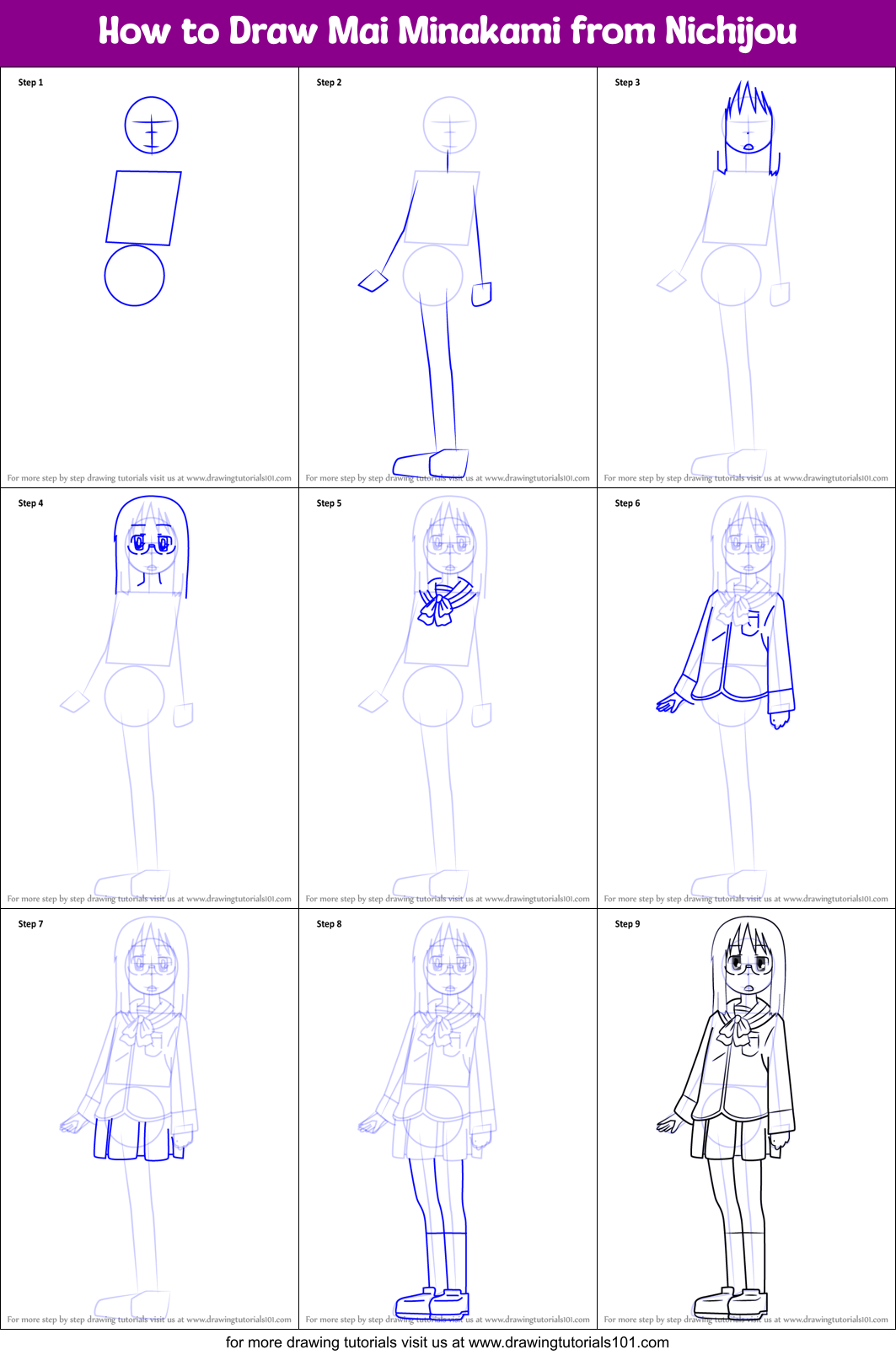 How to Draw Mai Minakami from Nichijou Printable Step by Step