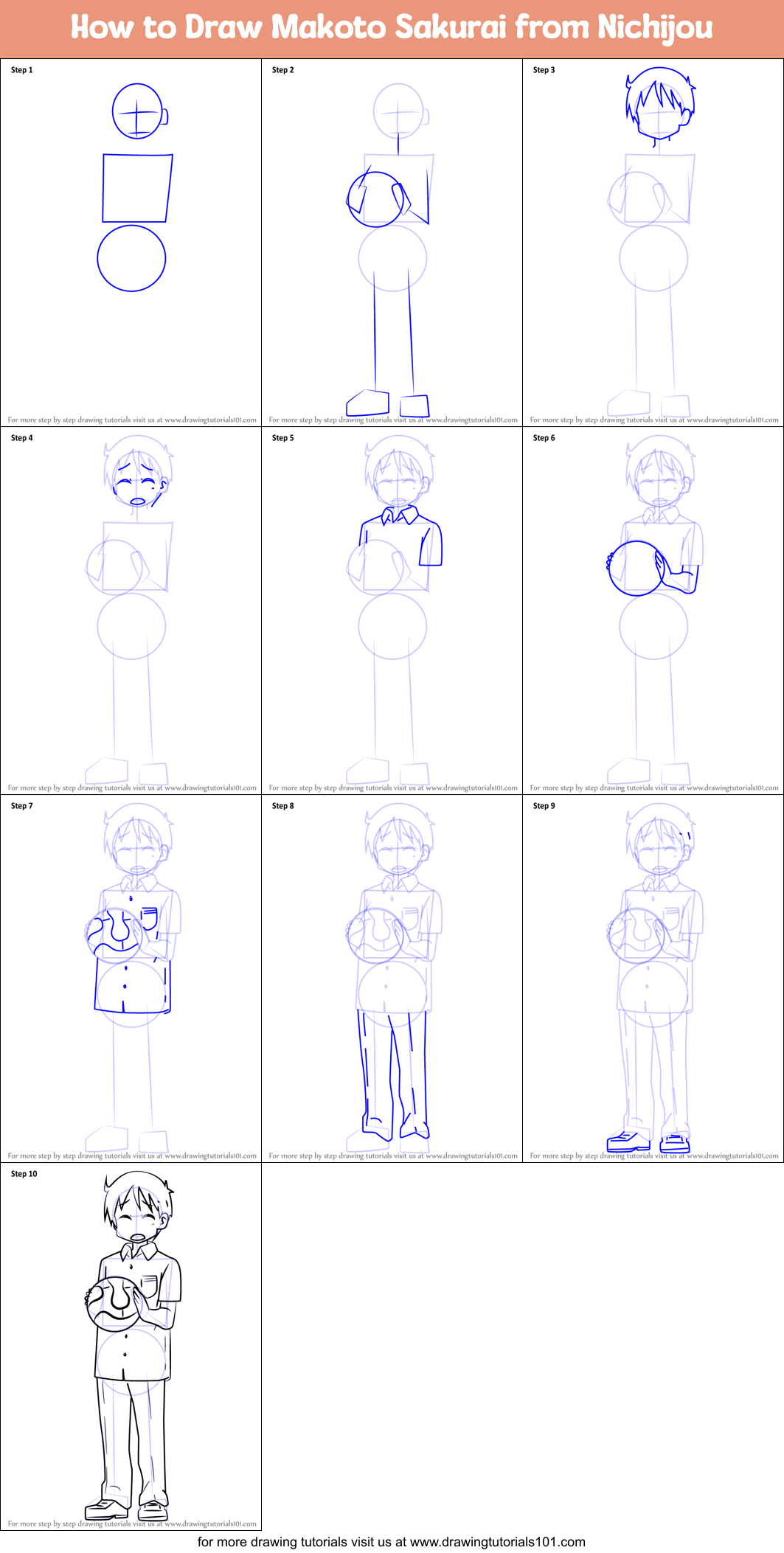 How to Draw Makoto Sakurai from Nichijou Printable Step by Step