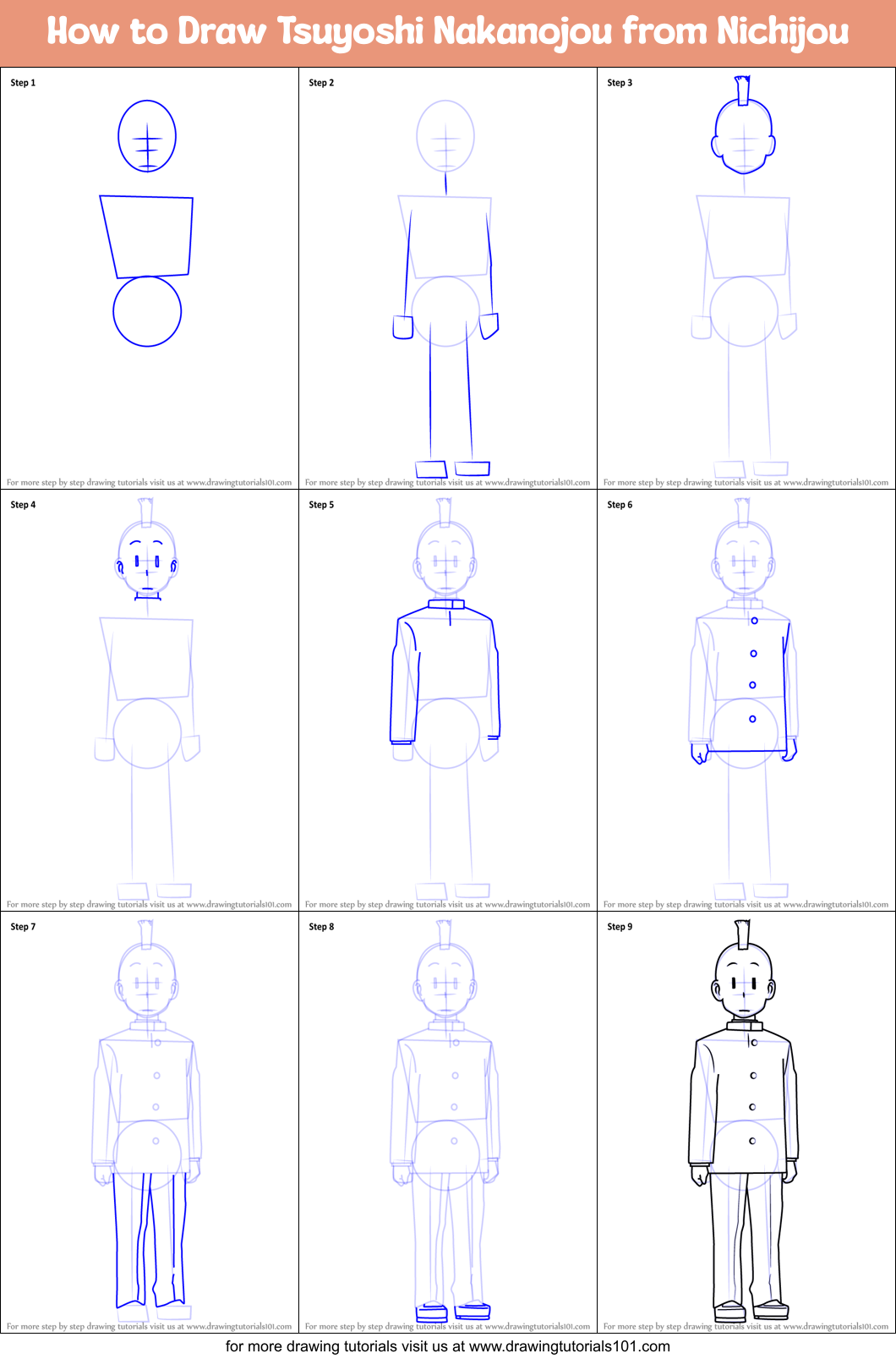 How to Draw Tsuyoshi Nakanojou from Nichijou Printable Step by Step