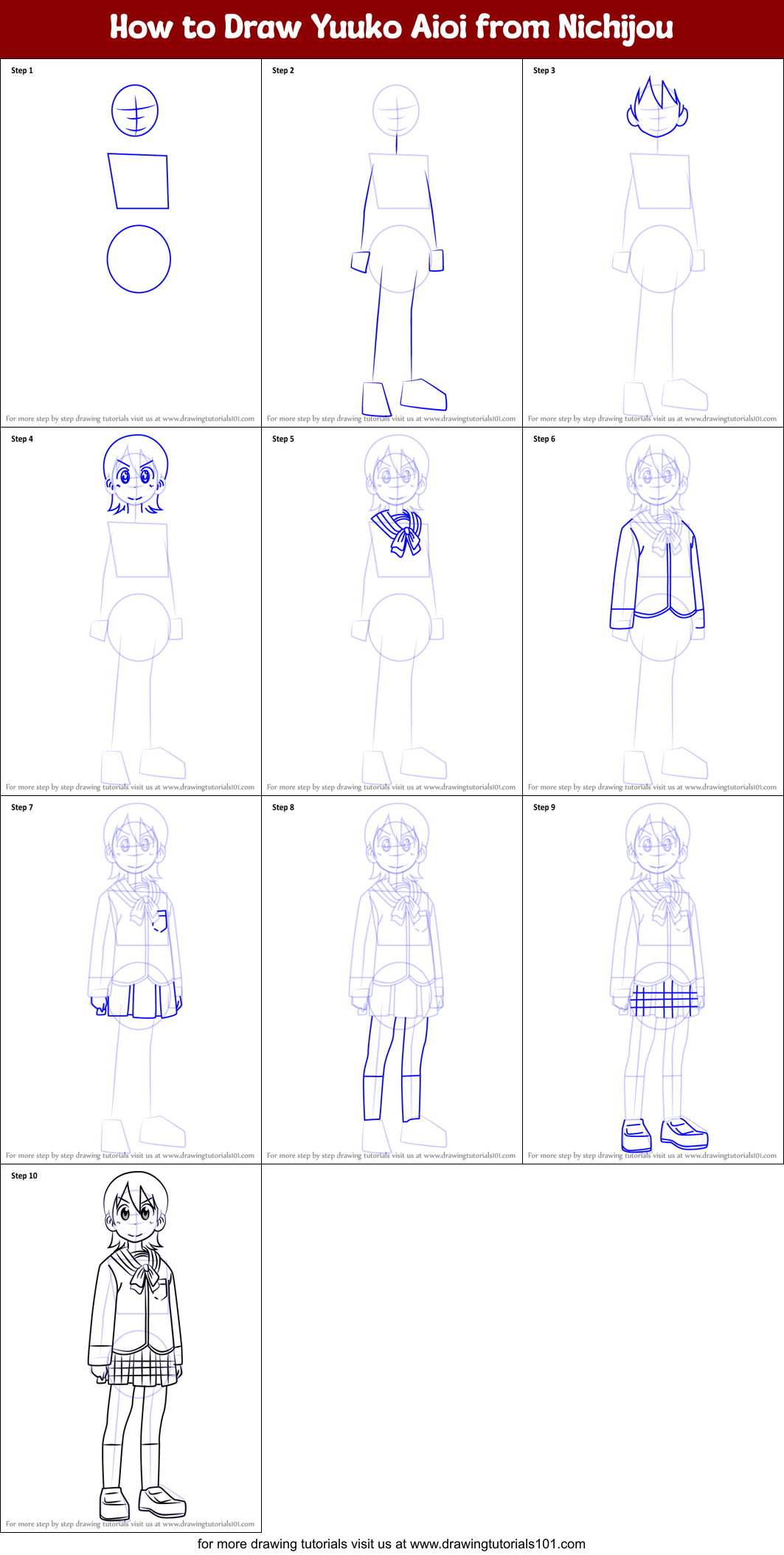 How to Draw Yuuko Aioi from Nichijou Printable Step by Step