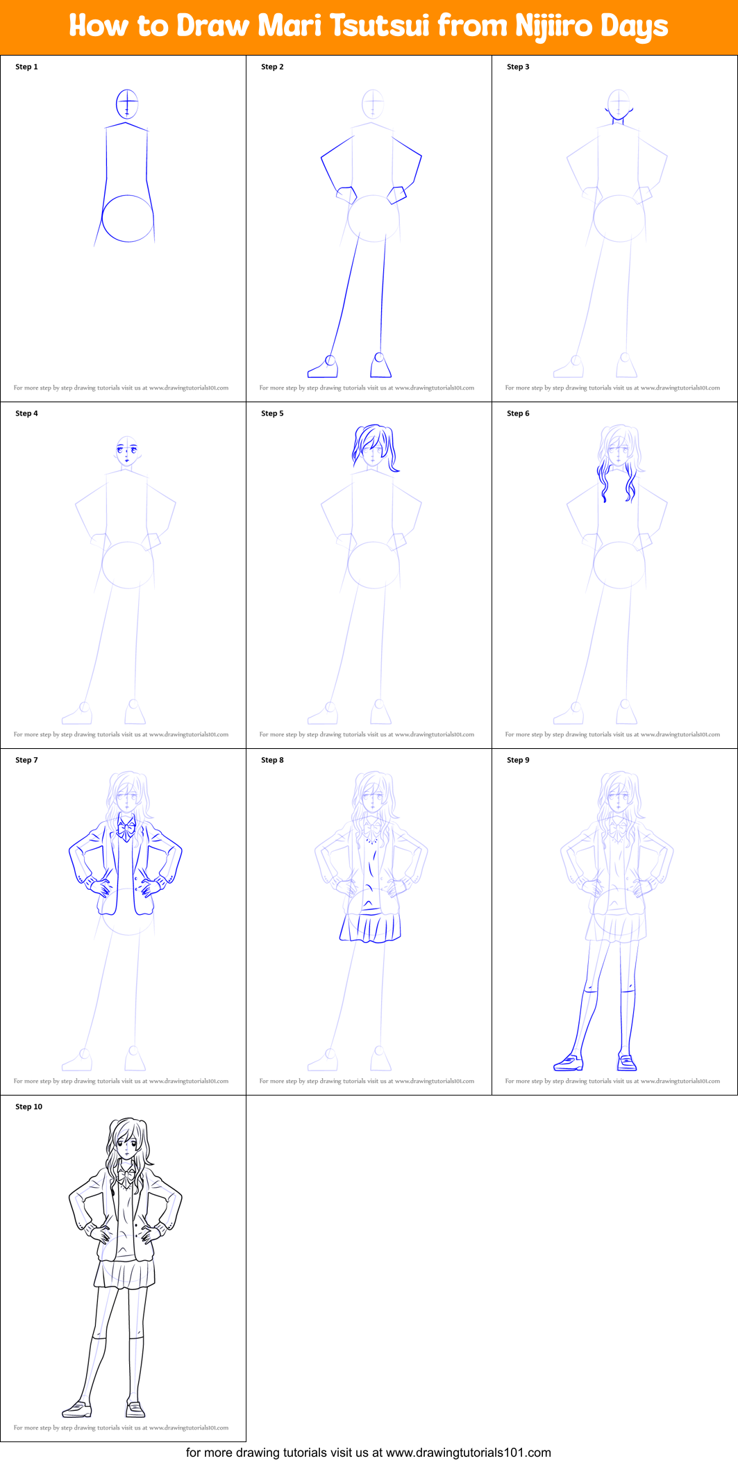 How to Draw Mari Tsutsui from Nijiiro Days Printable Step by Step