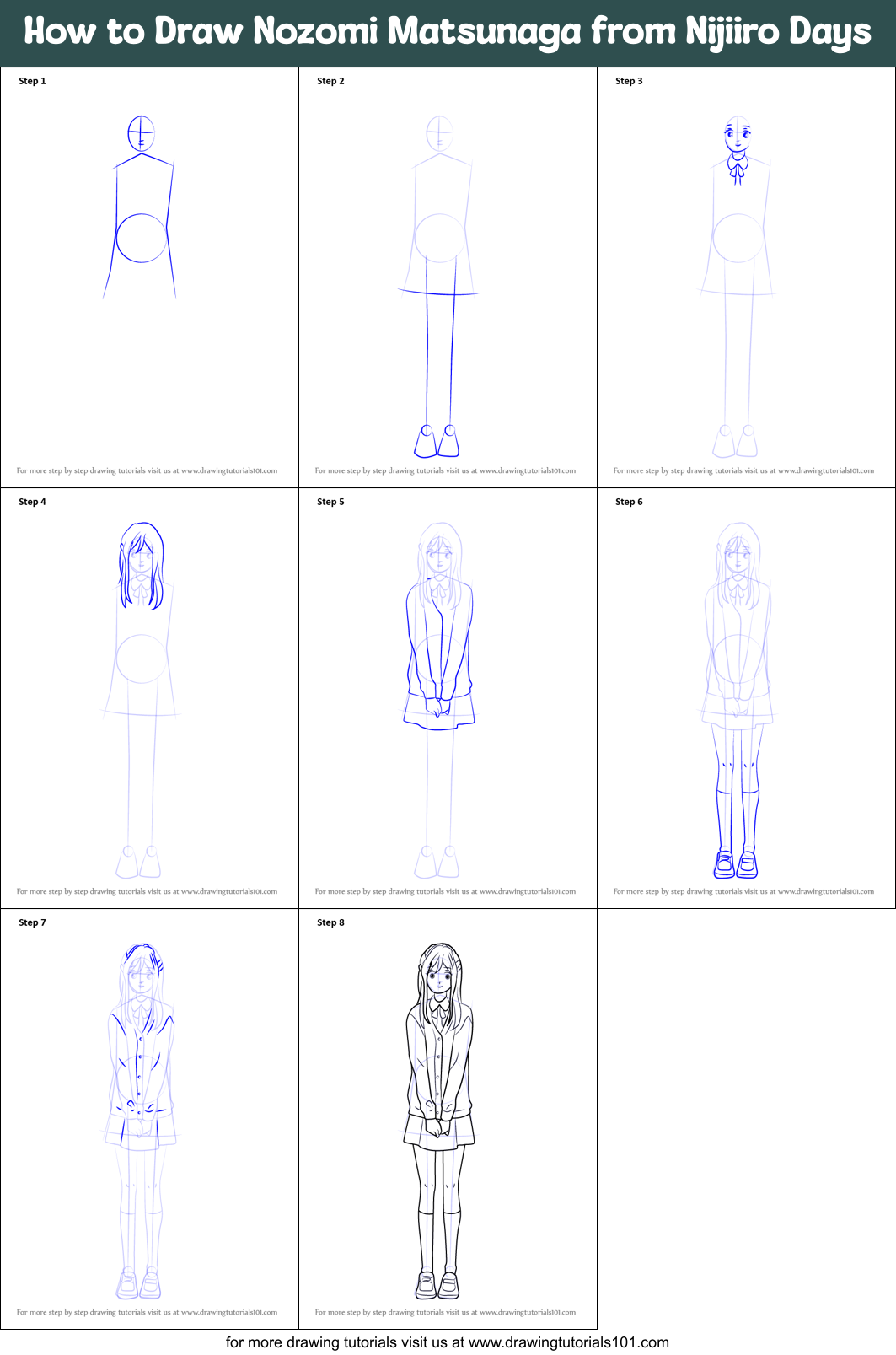 How to Draw Nozomi Matsunaga from Nijiiro Days Printable Step by Step