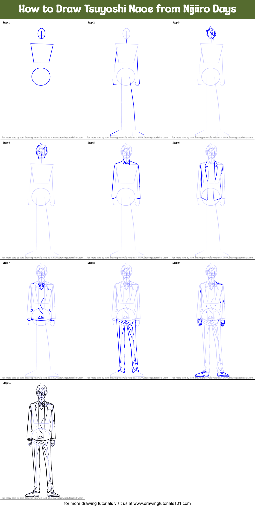 How to Draw Tsuyoshi Naoe from Nijiiro Days Printable Step by Step