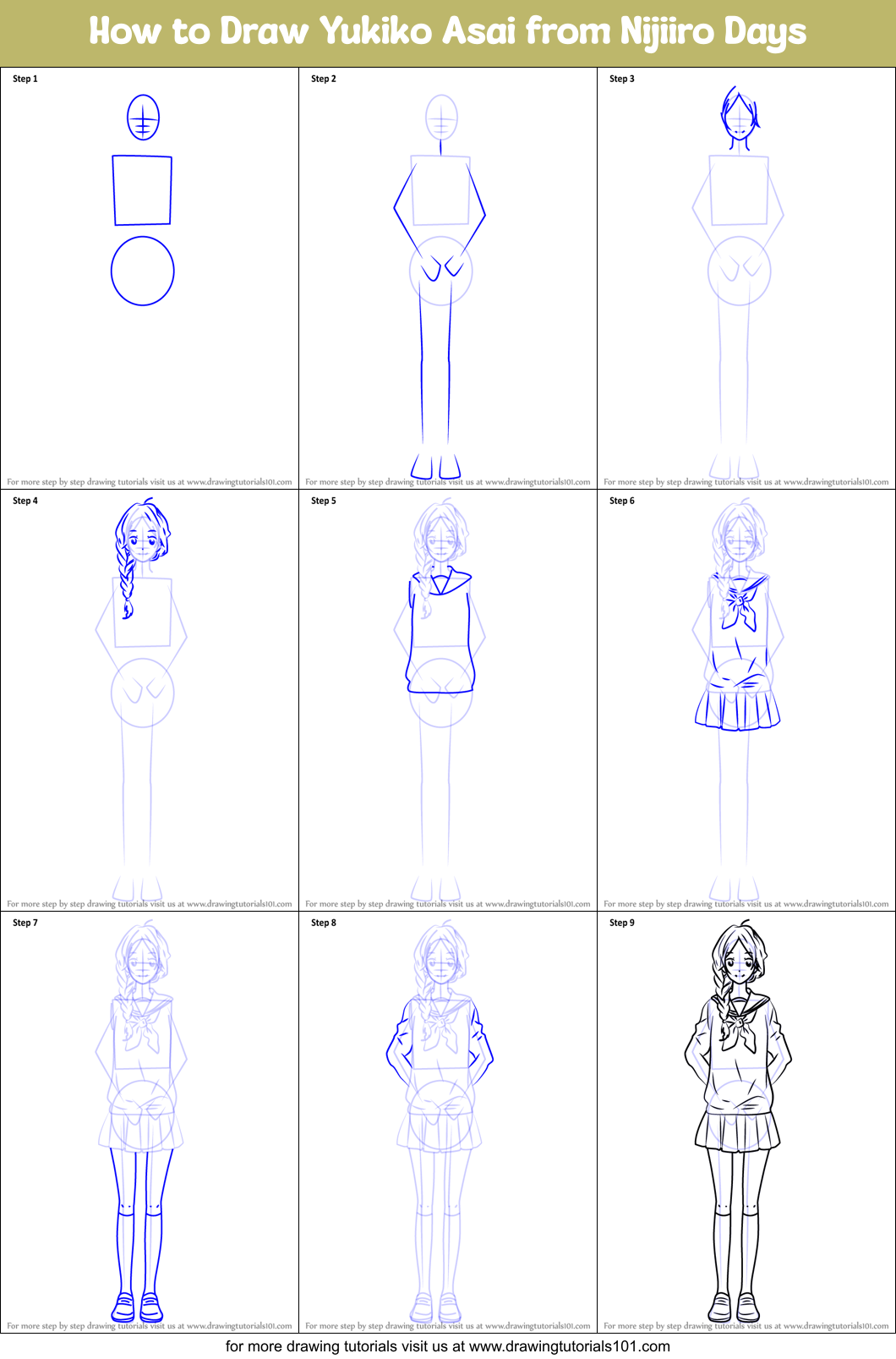 How to Draw Yukiko Asai from Nijiiro Days Printable Step by Step