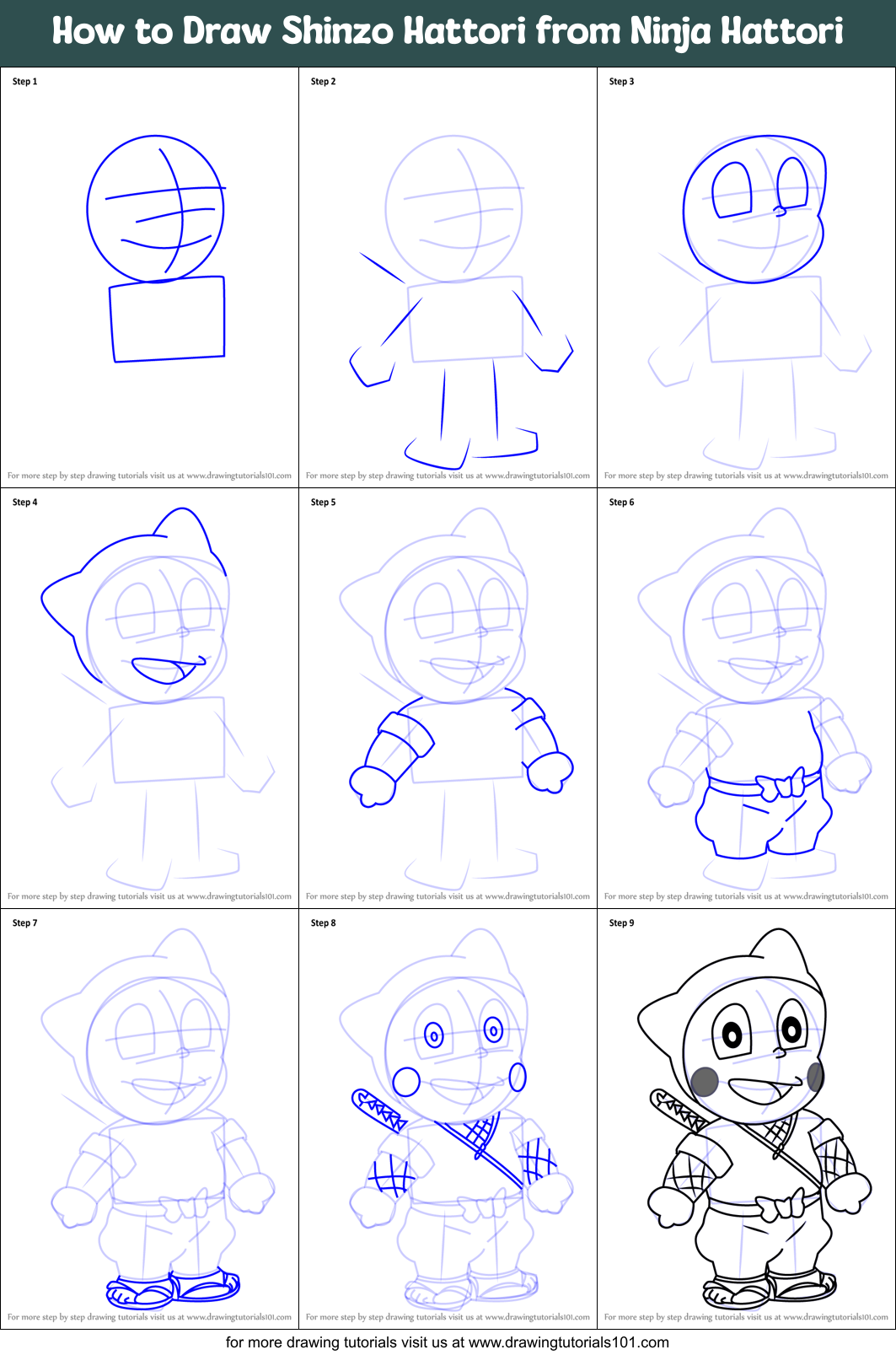 How to Draw Shinzo Hattori from Ninja Hattori Printable Step by Step