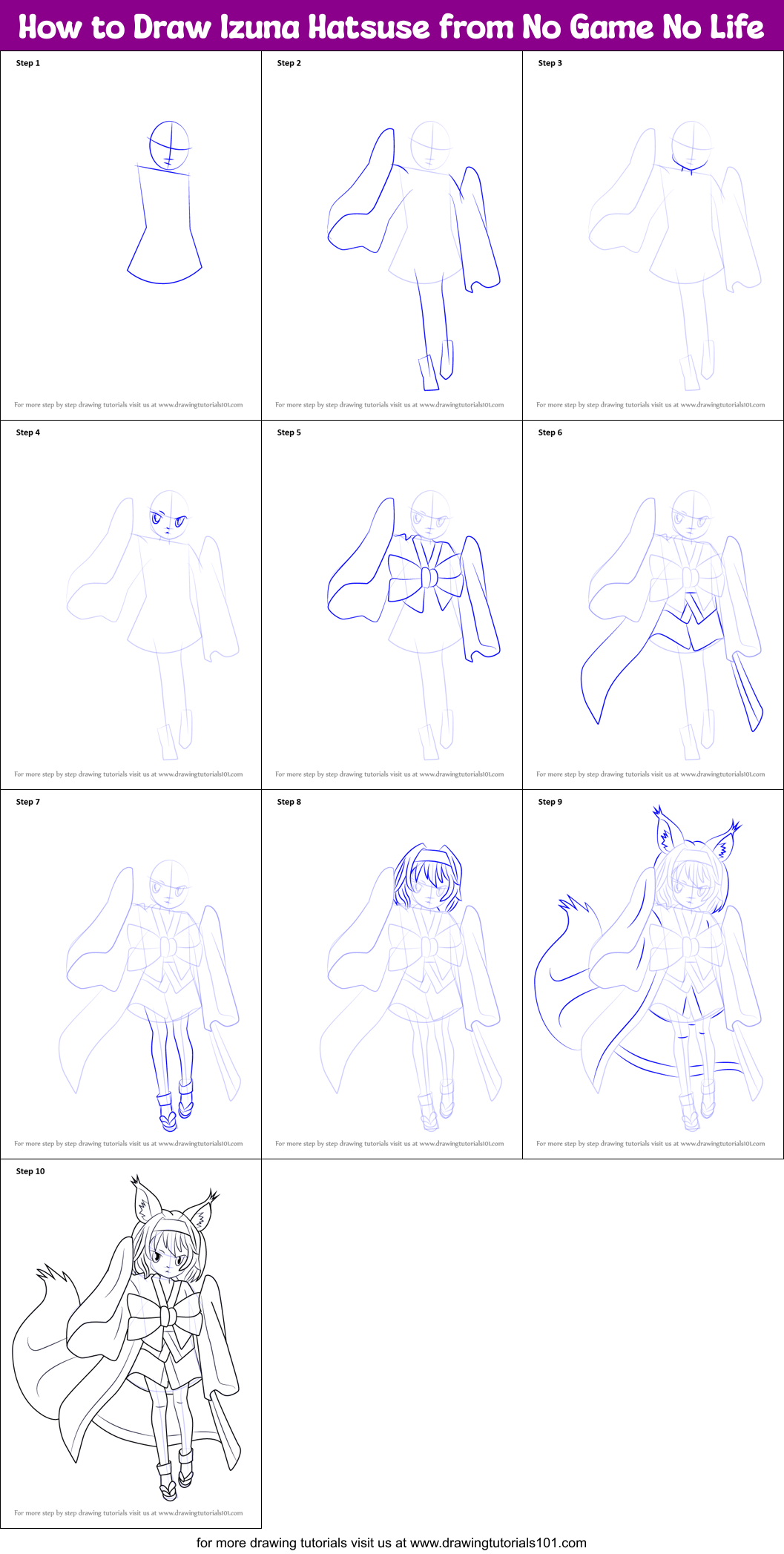 How to Draw Izuna Hatsuse from No Game No Life printable step by step  drawing sheet : DrawingTutorials101.com