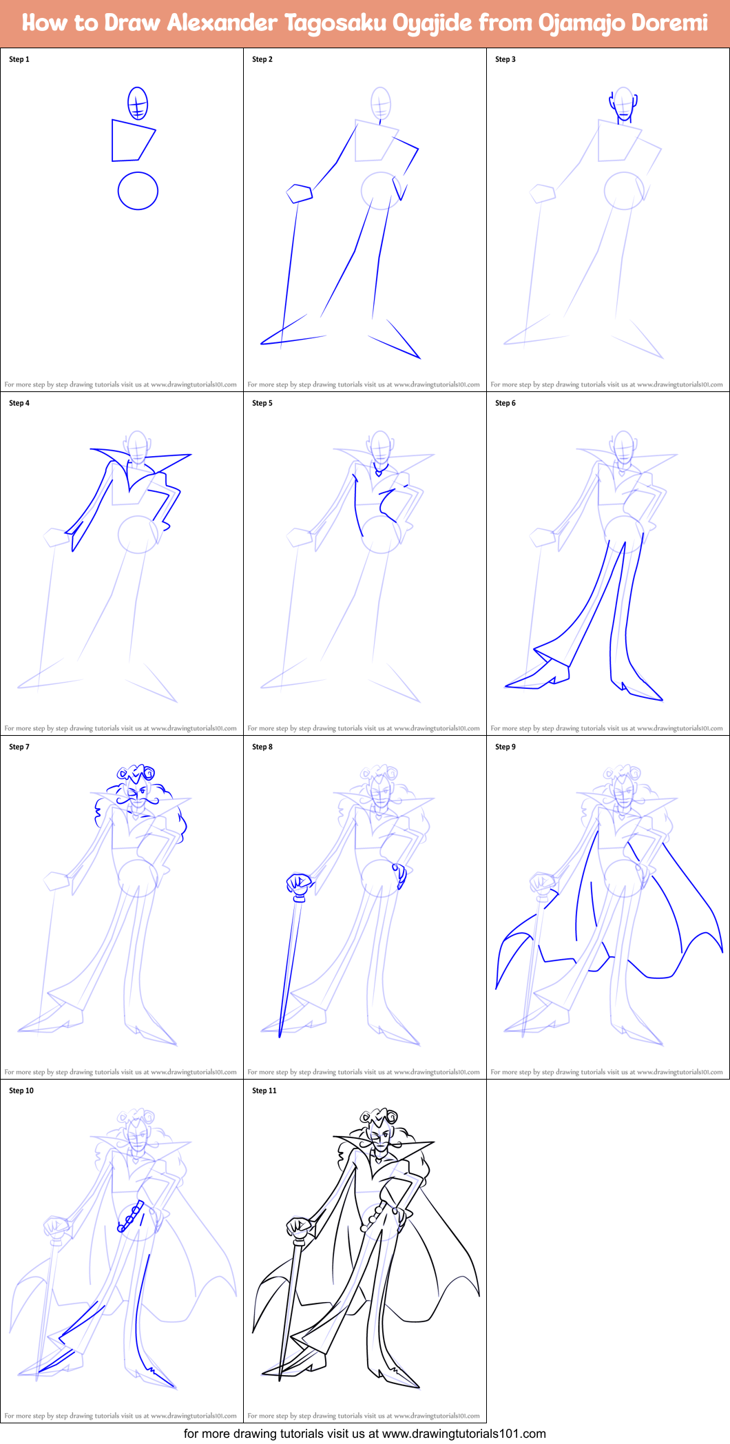 How to Draw Alexander Tagosaku Oyajide from Ojamajo Doremi Printable Step by Step