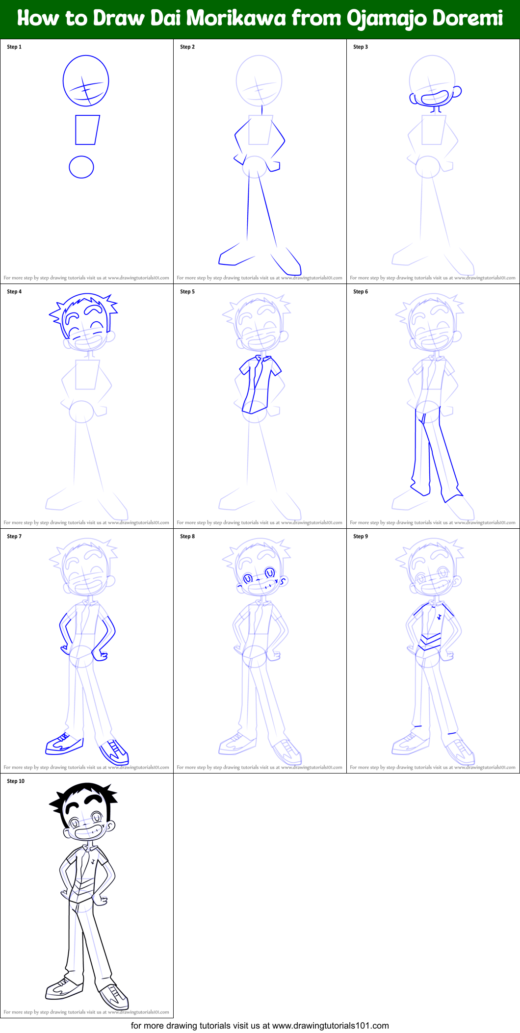 How to Draw Dai Morikawa from Ojamajo Doremi Printable Step by Step