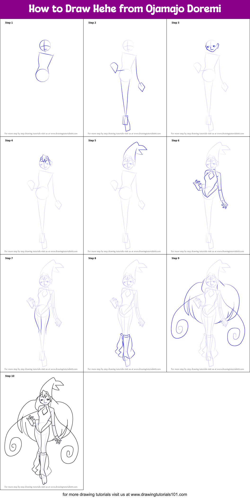 How to Draw Hehe from Ojamajo Doremi Printable Step by Step