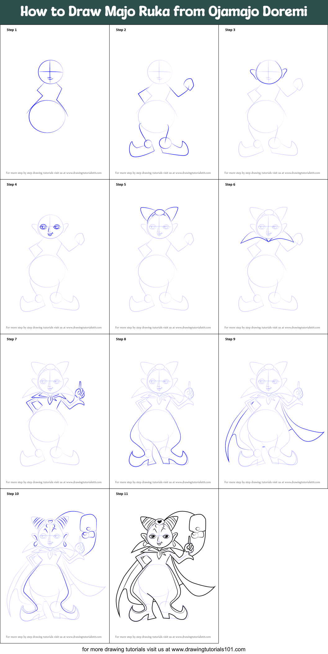 How to Draw Majo Ruka from Ojamajo Doremi Printable Step by Step