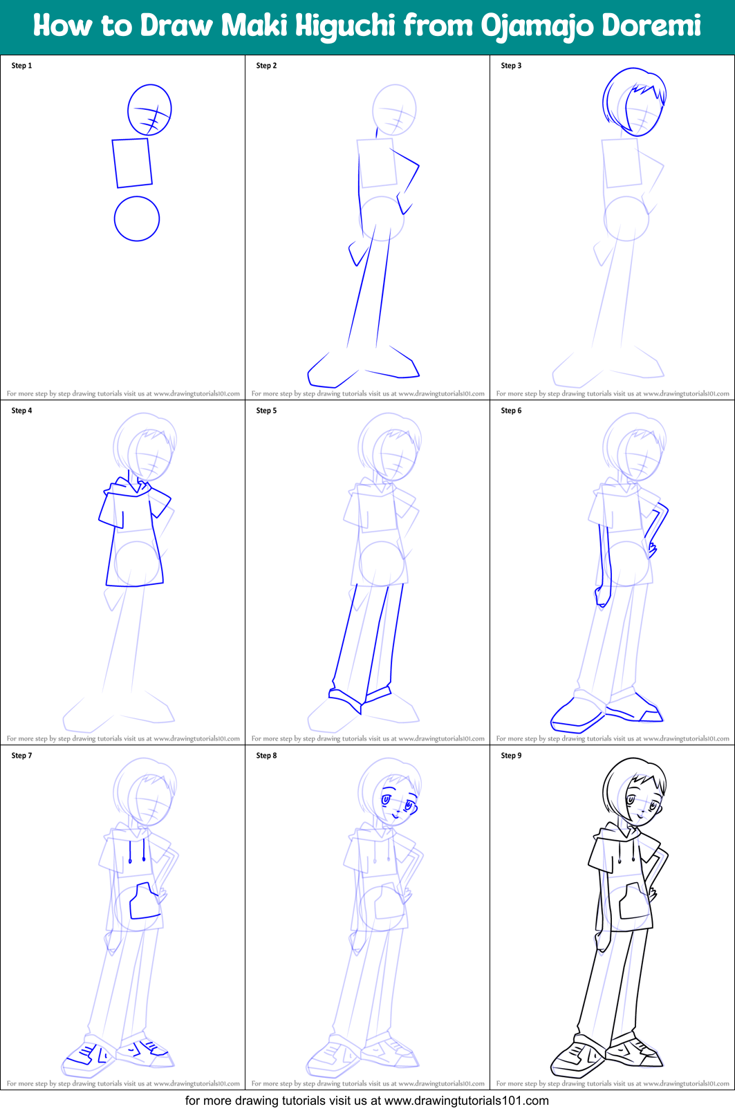 How to Draw Maki Higuchi from Ojamajo Doremi Printable Step by Step