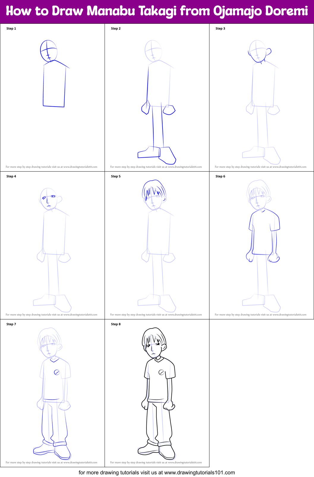How to Draw Manabu Takagi from Ojamajo Doremi Printable Step by Step