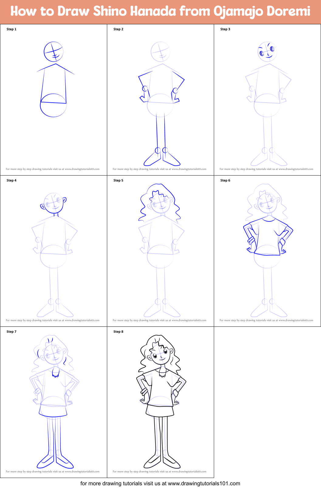 How to Draw Shino Hanada from Ojamajo Doremi Printable Step by Step