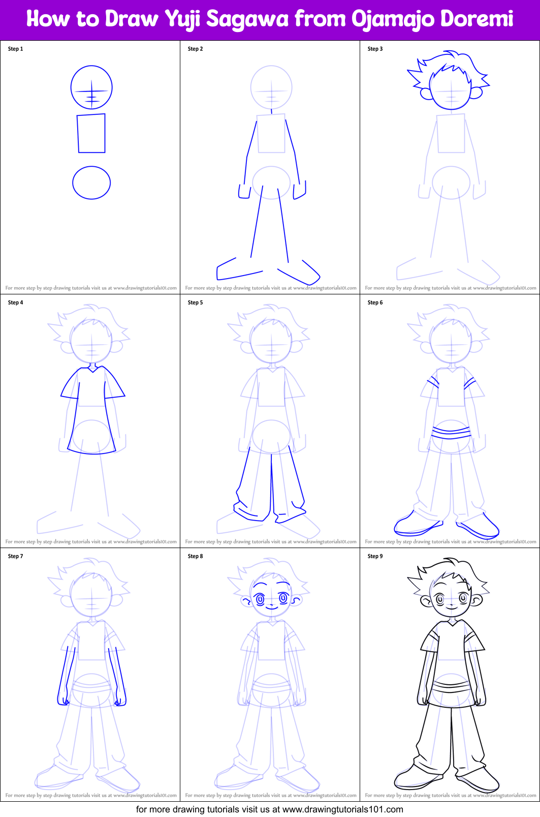 How to Draw Yuji Sagawa from Ojamajo Doremi Printable Step by Step