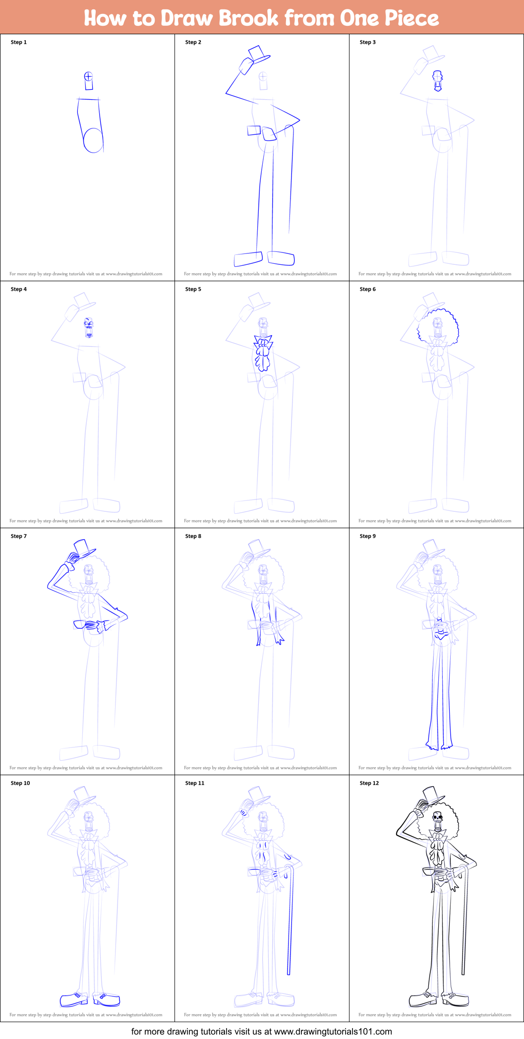 How to Draw Brook from One Piece Printable Step by Step