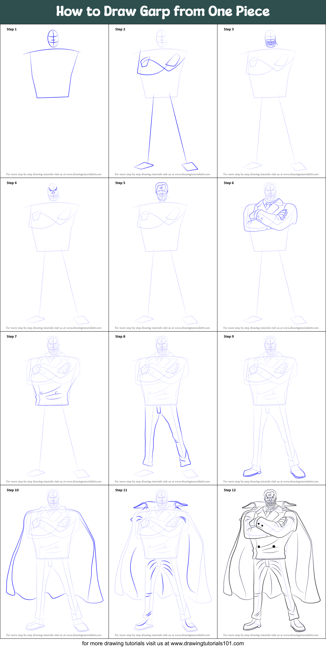 How to Draw Garp from One Piece Printable Step by Step