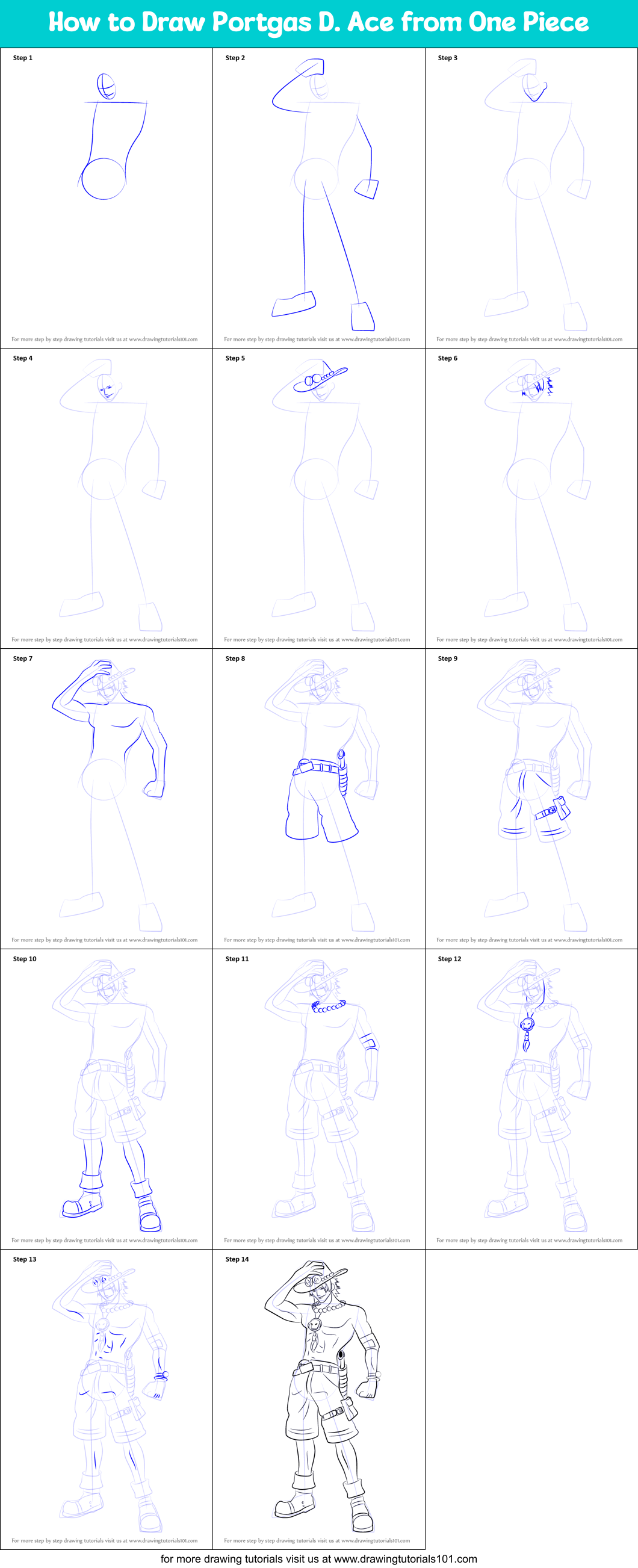 How to Draw Portgas D. Ace from One Piece Printable Step by Step