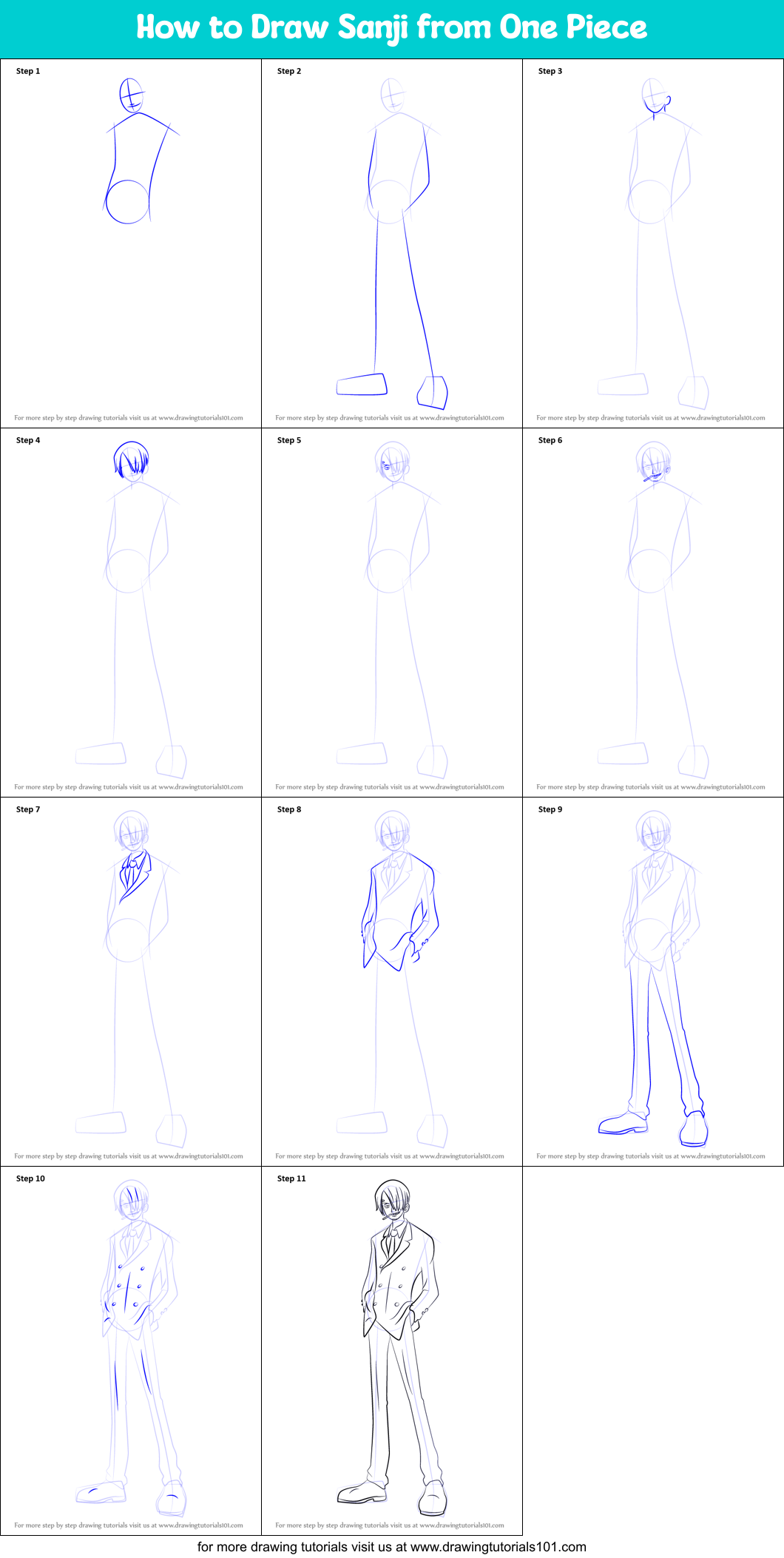 How to Draw Sanji from One Piece printable step by step ...