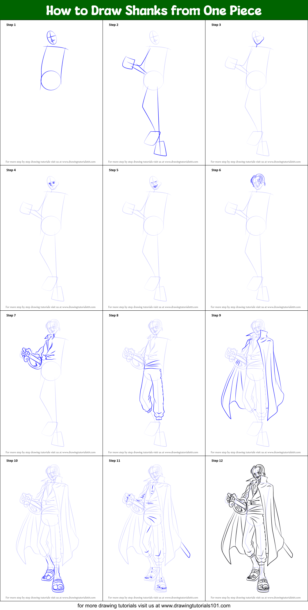 How to Draw Shanks from One Piece Printable Step by Step