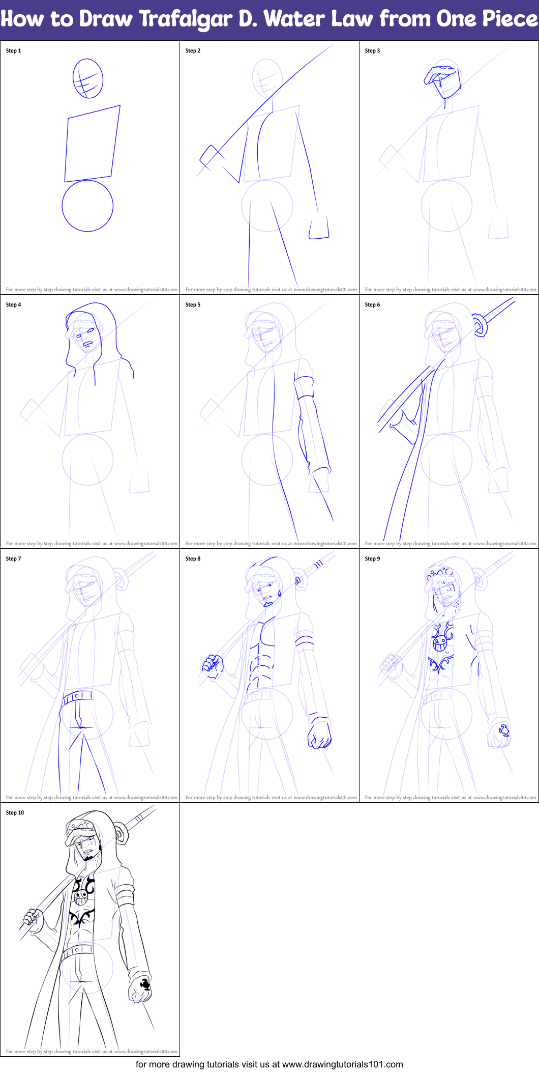 How to Draw Trafalgar D. Water Law from One Piece Printable Step by Step