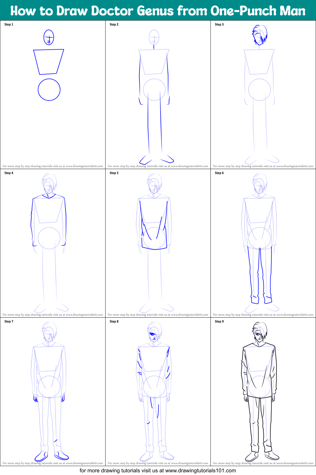 How to Draw Doctor Genus from One-Punch Man Printable Step by Step