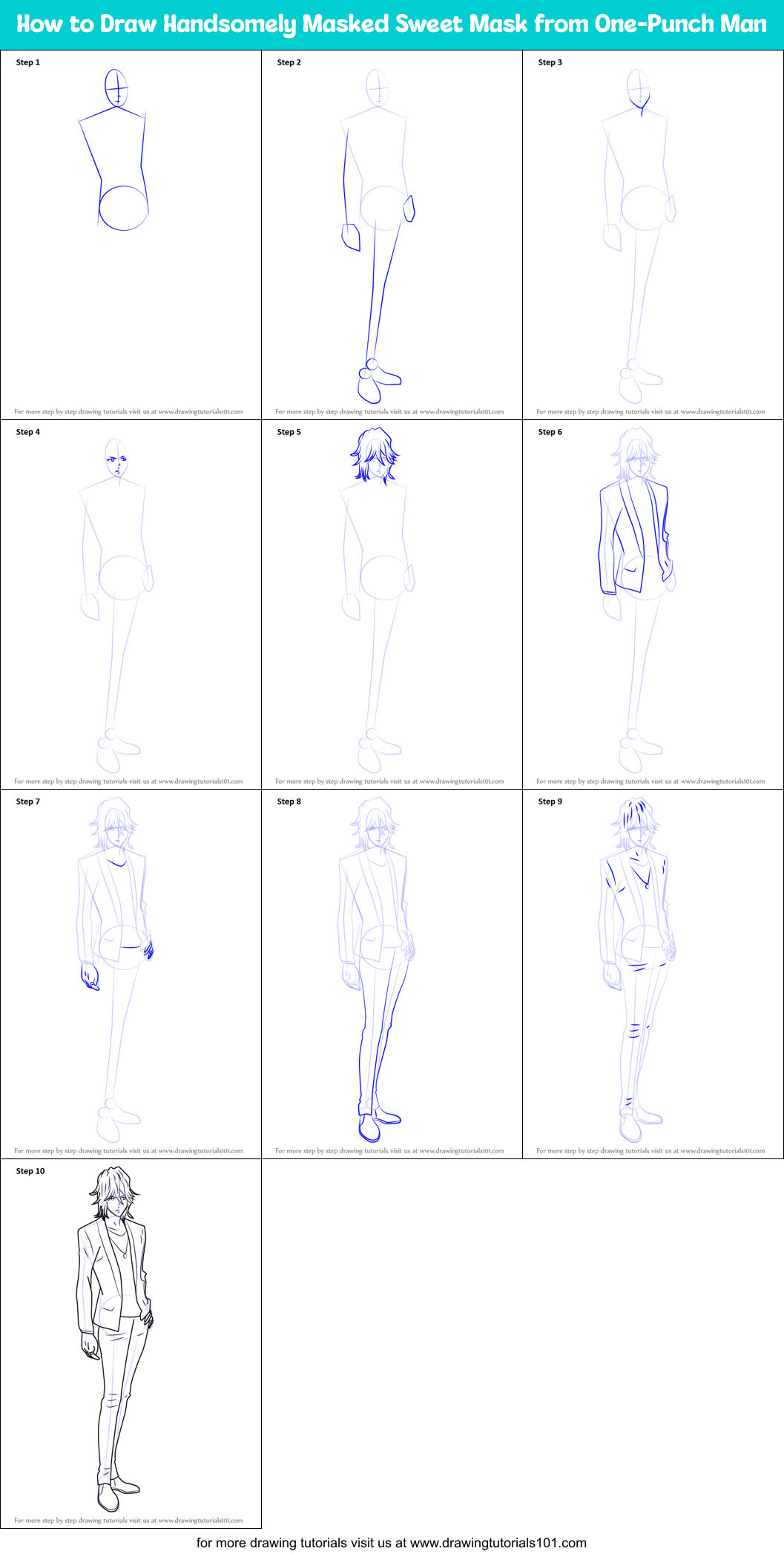 How to Draw Handsomely Masked Sweet Mask from One-Punch Man Printable Step by Step