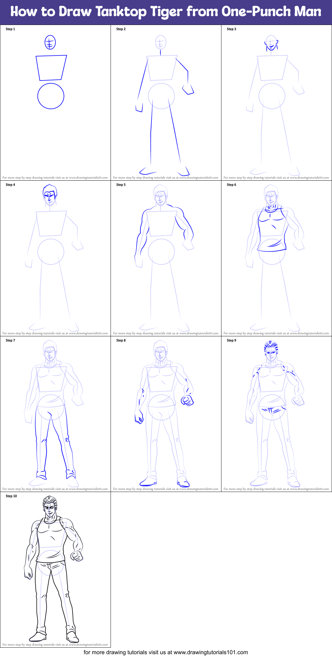 How to Draw Tanktop Tiger from One-Punch Man Printable Step by Step