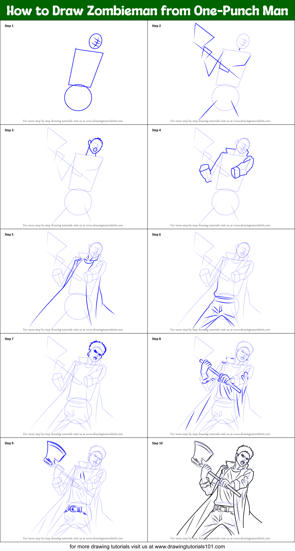 How to Draw Zombieman from One-Punch Man Printable Step by Step