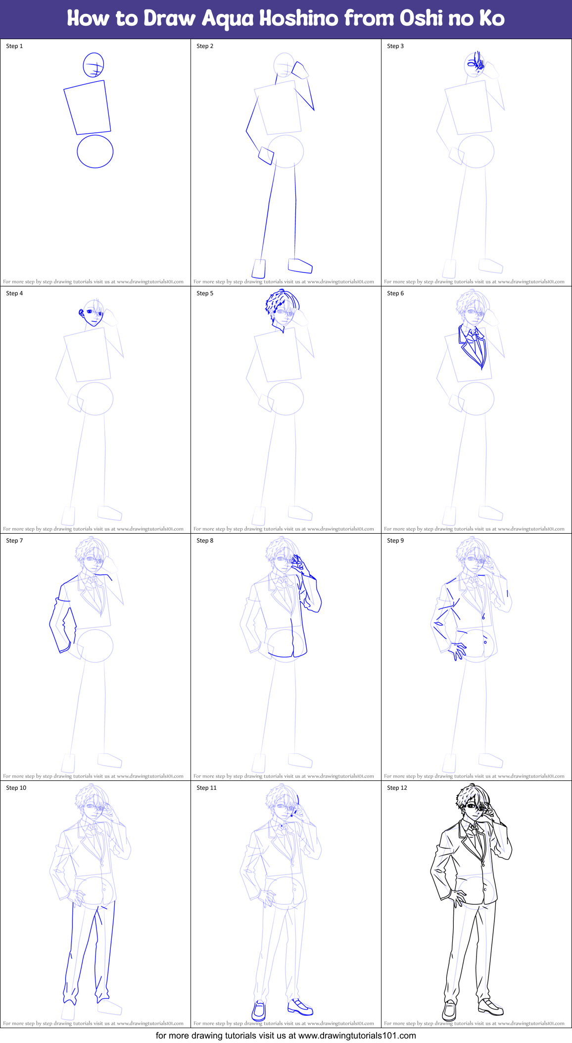 How to Draw Aqua Hoshino from Oshi no Ko Printable Step by Step