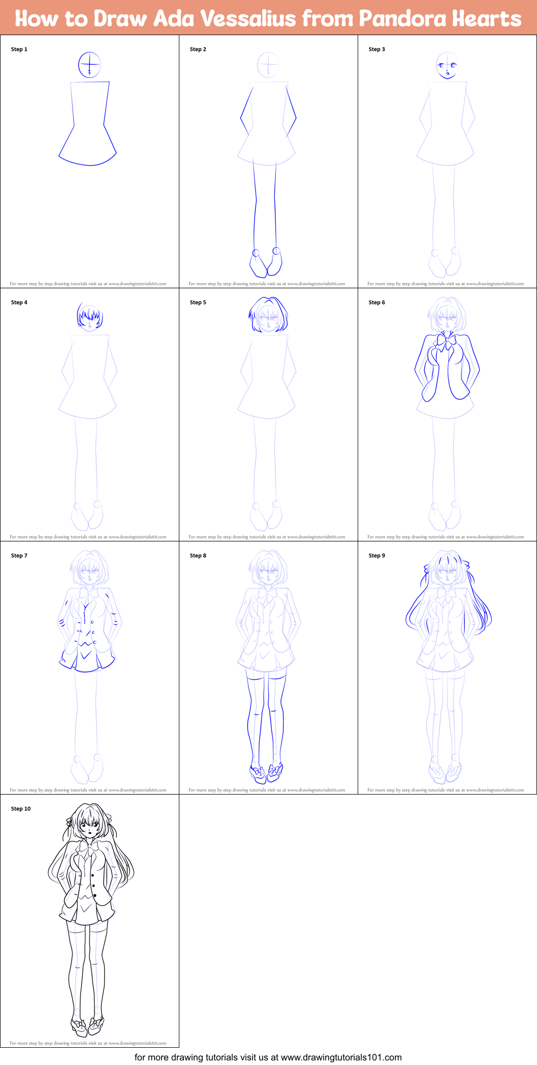 How to Draw Ada Vessalius from Pandora Hearts Printable Step by Step