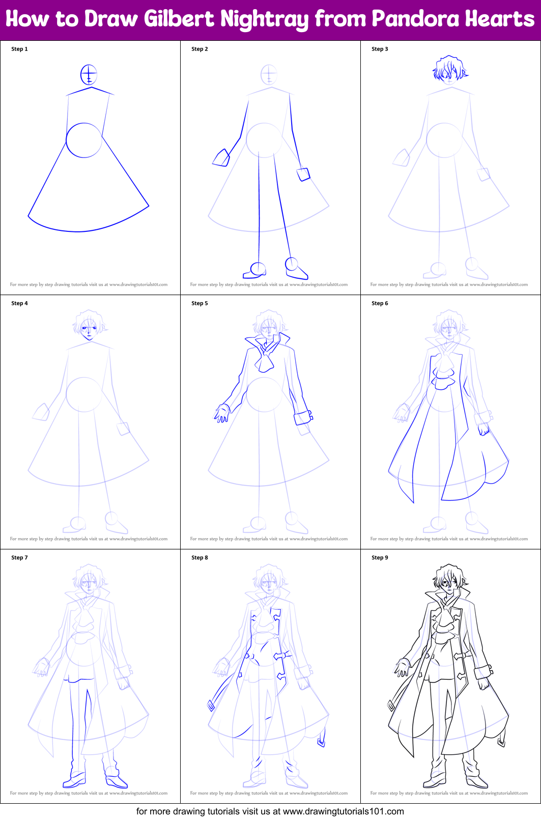 How to Draw Gilbert Nightray from Pandora Hearts Printable Step by Step