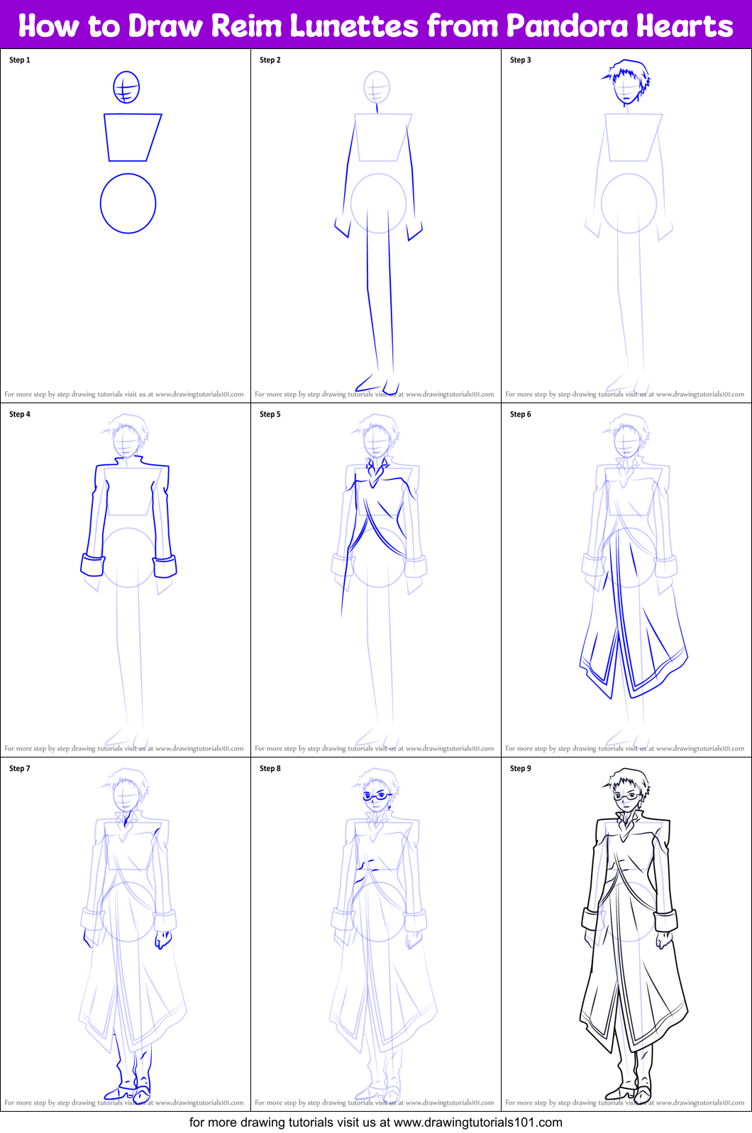 How to Draw Reim Lunettes from Pandora Hearts Printable Step by Step
