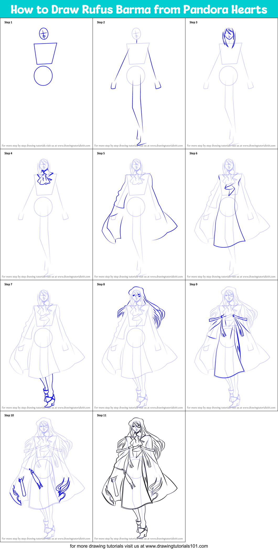 How to Draw Rufus Barma from Pandora Hearts Printable Step by Step