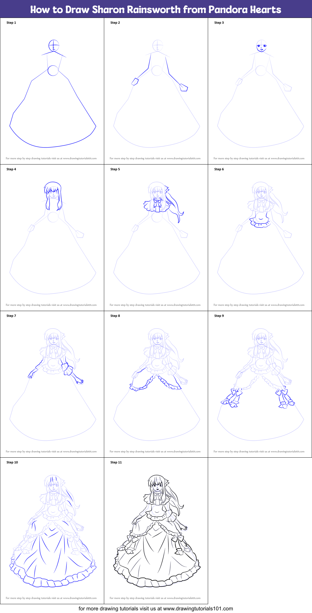 How to Draw Sharon Rainsworth from Pandora Hearts Printable Step by Step