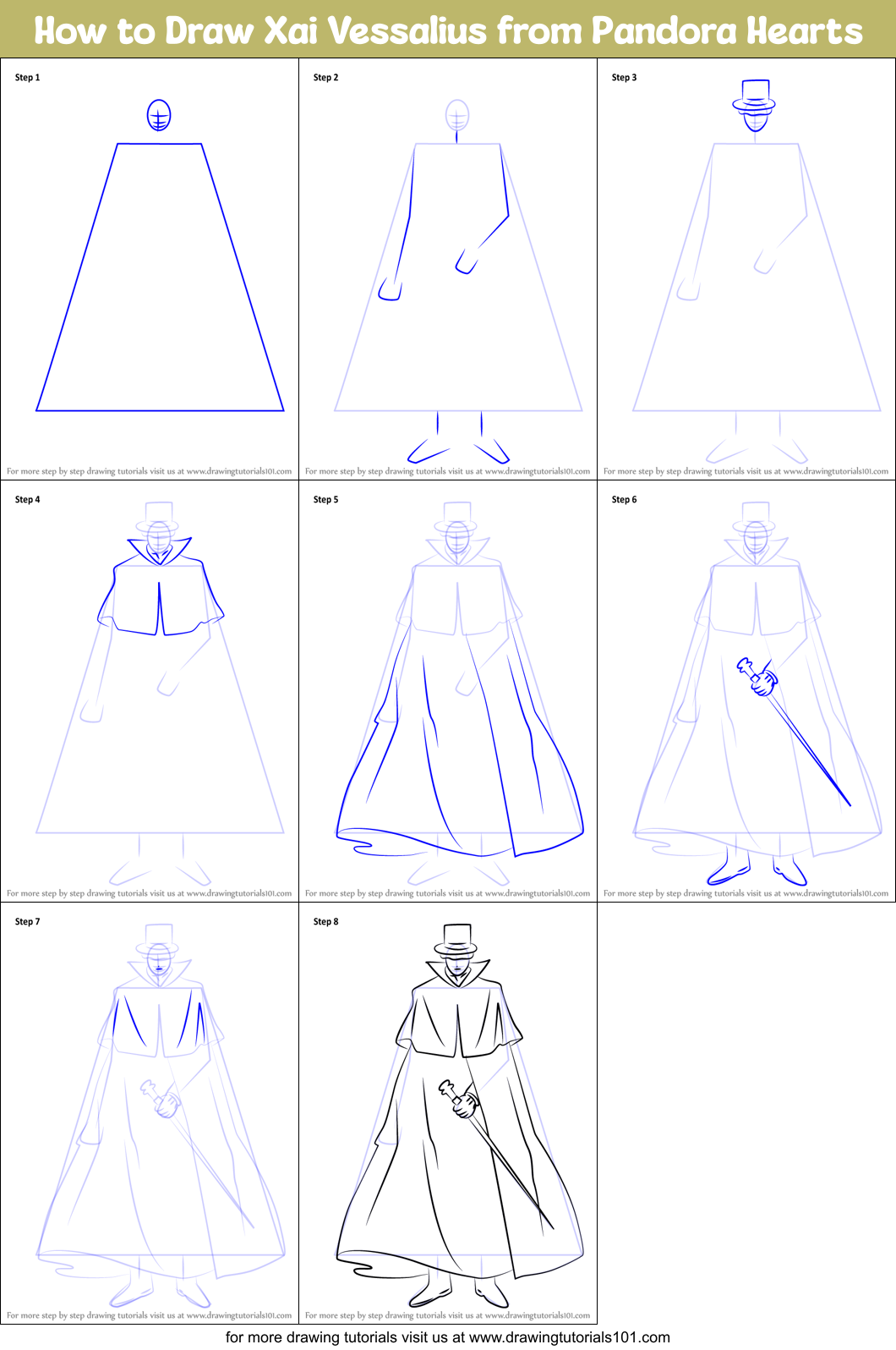How to Draw Xai Vessalius from Pandora Hearts Printable Step by Step