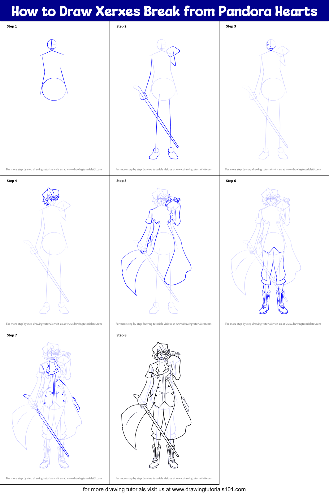 How to Draw Xerxes Break from Pandora Hearts Printable Step by Step
