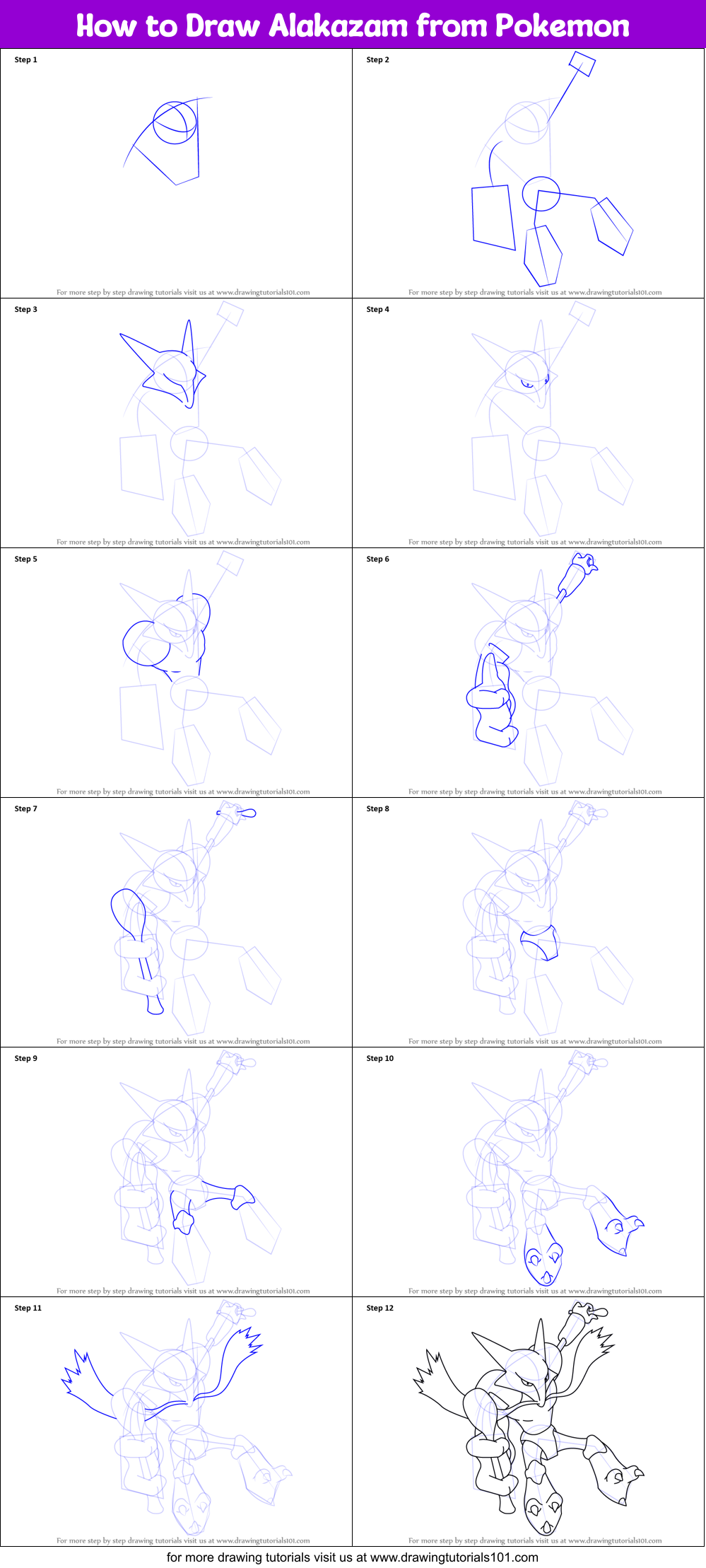 How to Draw Alakazam from Pokemon Printable Step by Step