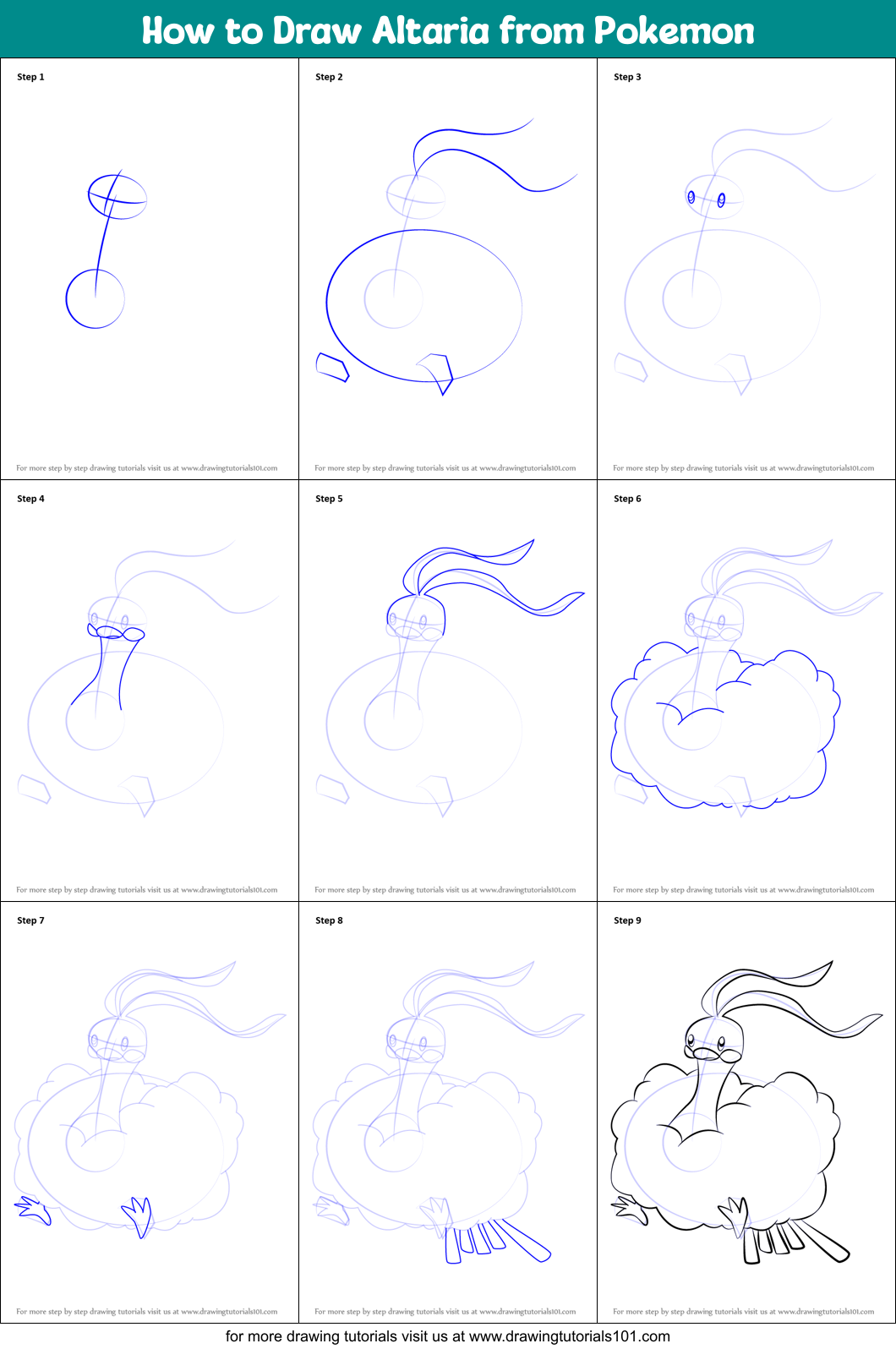 How to Draw Altaria from Pokemon Printable Step by Step
