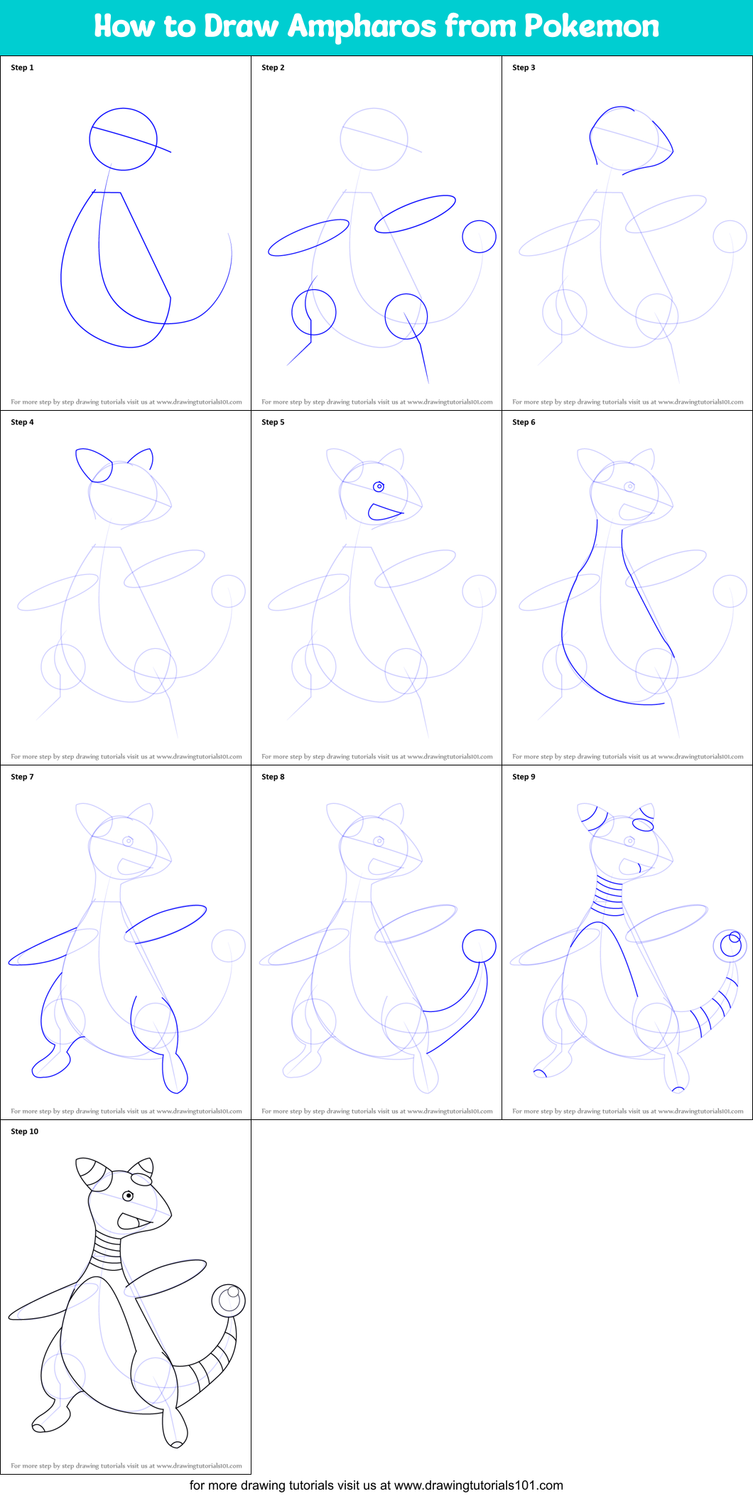 How to Draw Ampharos from Pokemon Printable Step by Step