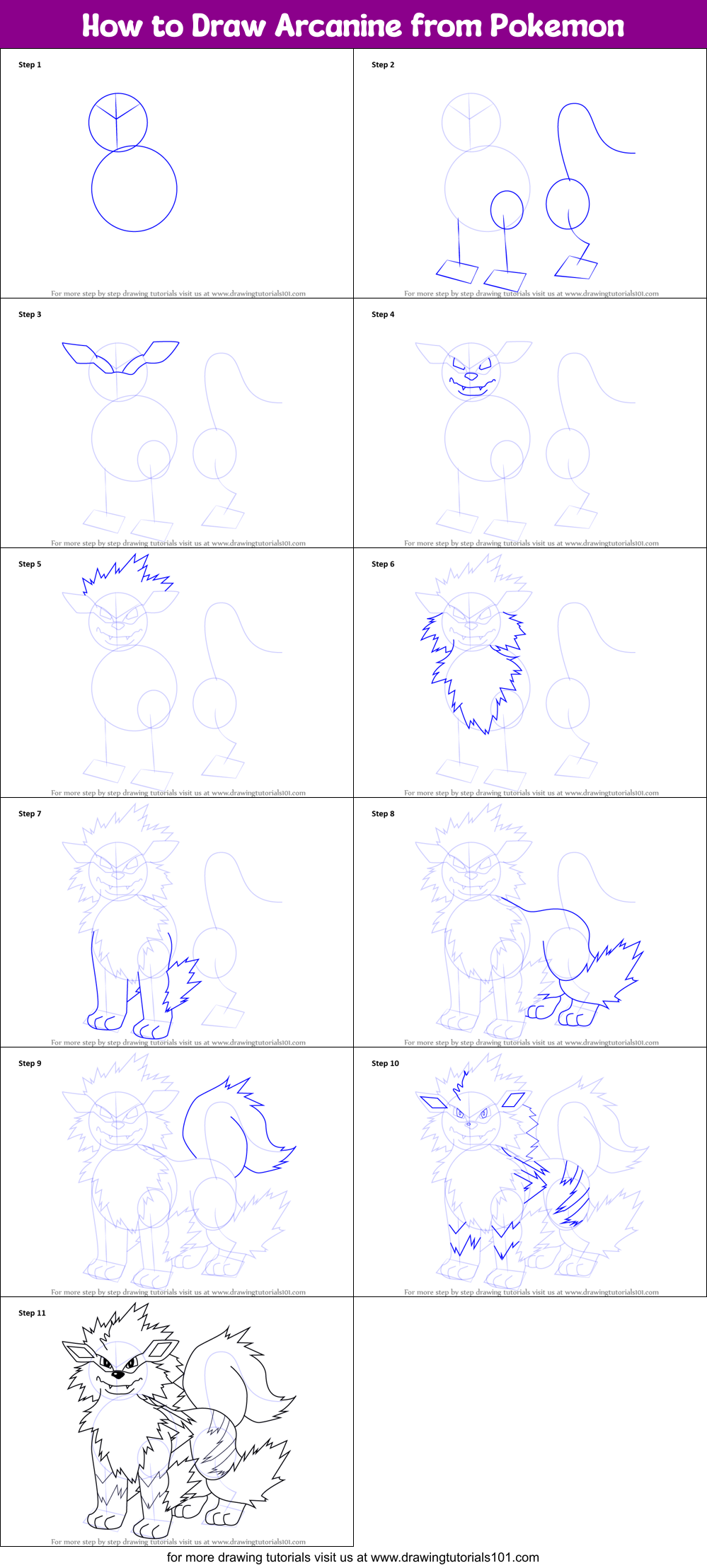 How to Draw Arcanine from Pokemon Printable Step by Step