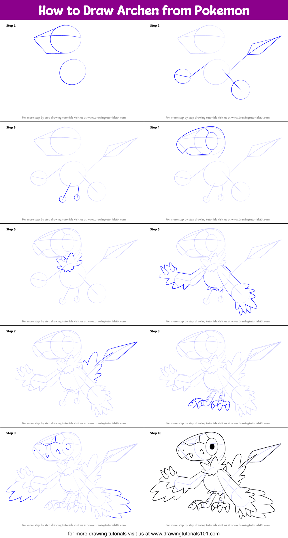 How to Draw Archen from Pokemon Printable Step by Step