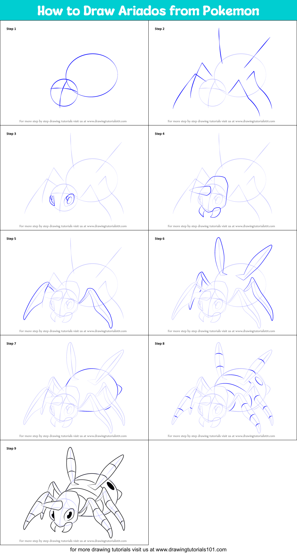 How to Draw Ariados from Pokemon Printable Step by Step