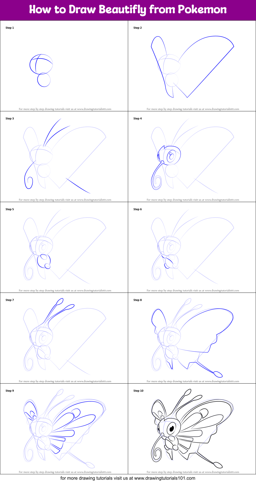 How to Draw Beautifly from Pokemon Printable Step by Step