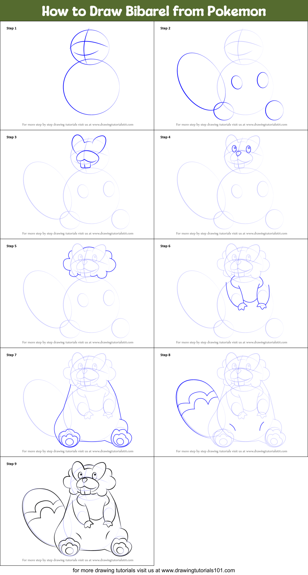 How to Draw Bibarel from Pokemon Printable Step by Step
