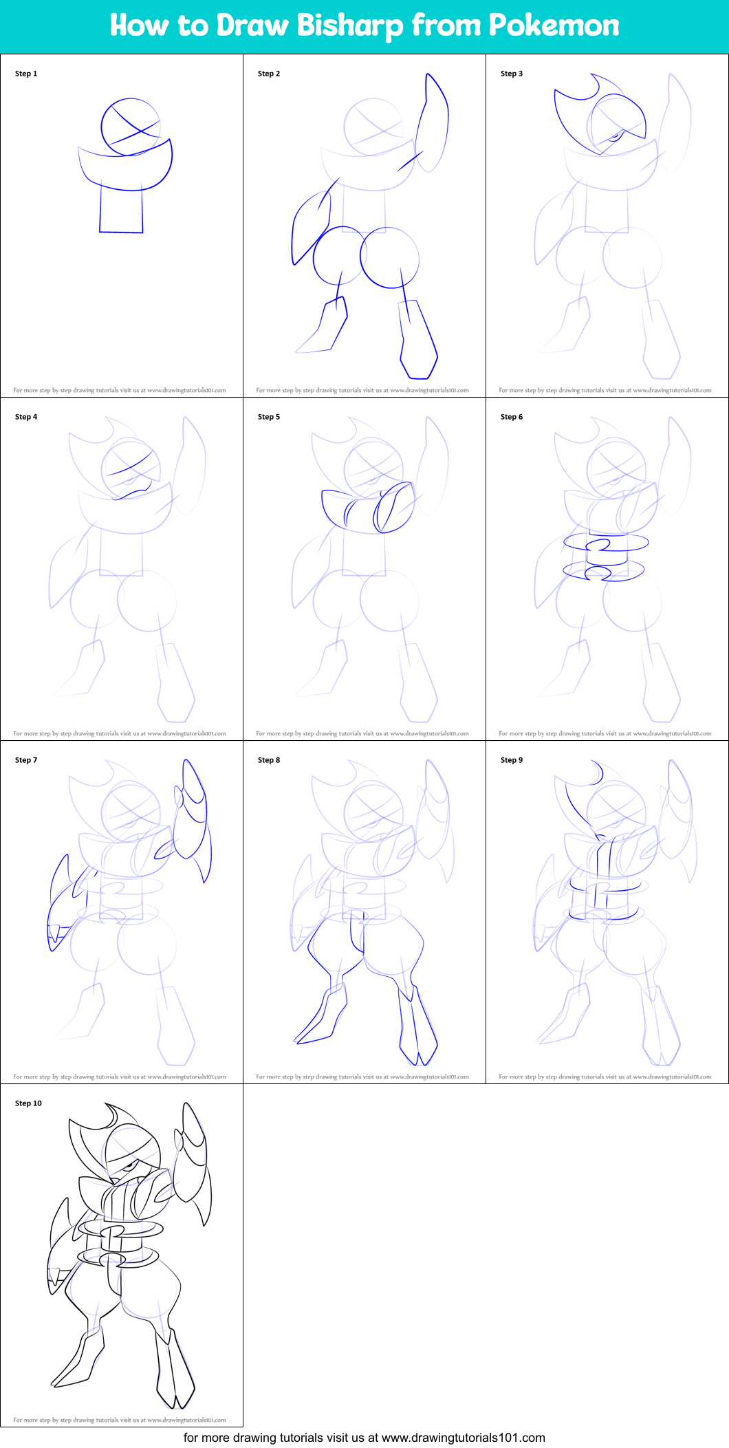 How to Draw Bisharp from Pokemon Printable Step by Step