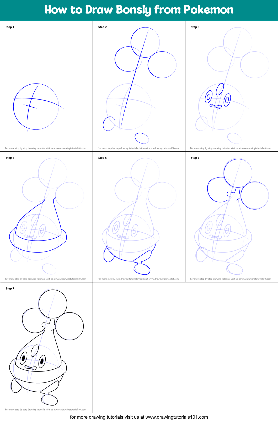 How to Draw Bonsly from Pokemon Printable Step by Step